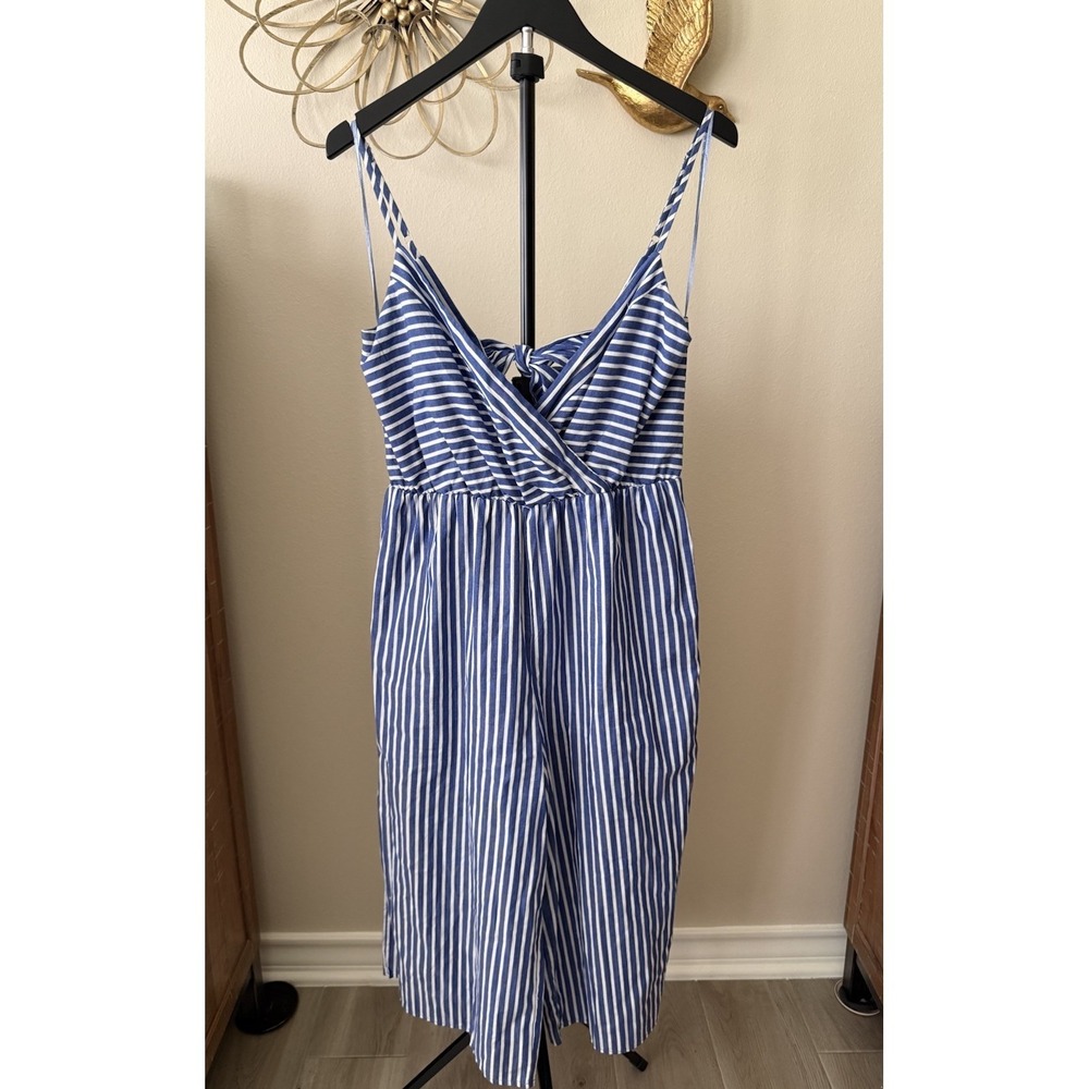 Everly Striped Jumpsuit Womens Medium Blue White Wide Leg Tie Back Cotton